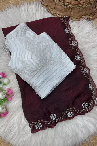 Maroon Color Beads And White Pearl Work Silk Blend Saree
