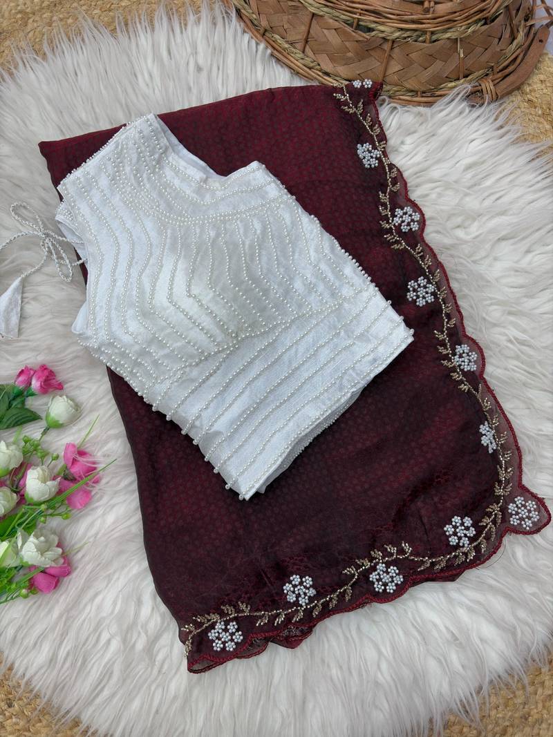 Maroon Color Beads And White Pearl Work Silk Blend Saree