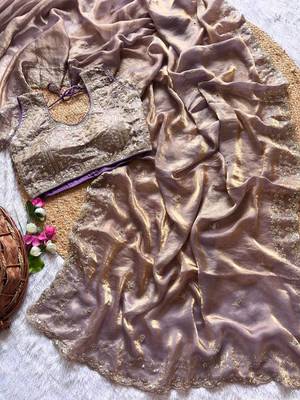 Lavender Color  embroidery  sequence work satin  silk saree 1