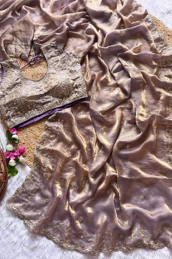 Lavender Color  embroidery  sequence work satin  silk saree