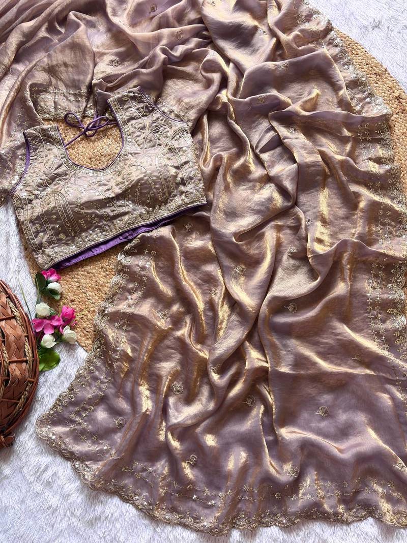 Lavender Color  embroidery  sequence work satin  silk saree