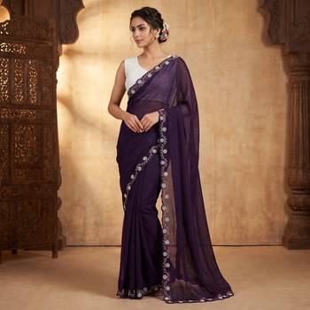 Purple Color Beads And White Pearl Work Silk Blend Saree 1