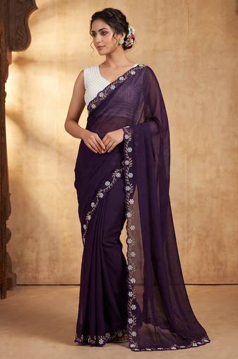 Purple Color Beads And White Pearl Work Silk Blend Saree