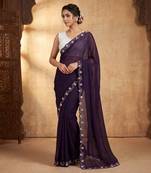 Purple Color Beads And White Pearl Work Silk Blend Saree