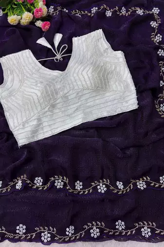 Purple Color Beads And White Pearl Work Silk Blend Saree