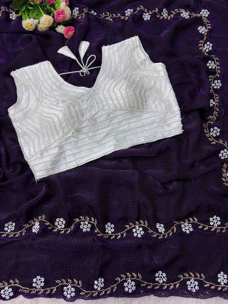 Purple Color Beads And White Pearl Work Silk Blend Saree