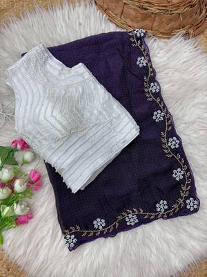 Purple Color Beads And White Pearl Work Silk Blend Saree 3