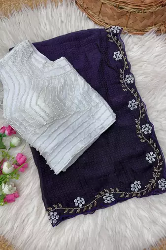 Purple Color Beads And White Pearl Work Silk Blend Saree