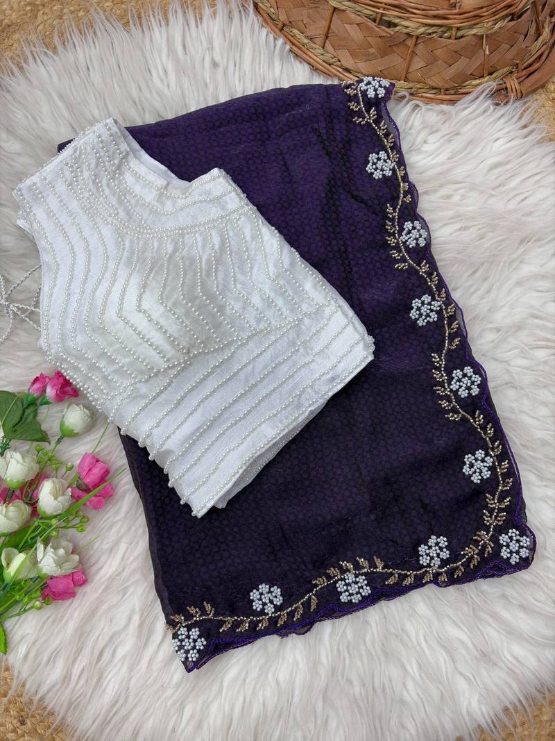 Purple Color Beads And White Pearl Work Silk Blend Saree
