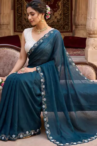 Teal Color Beads And White Pearl Work Silk Blend Saree