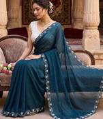 Teal Color Beads And White Pearl Work Silk Blend Saree