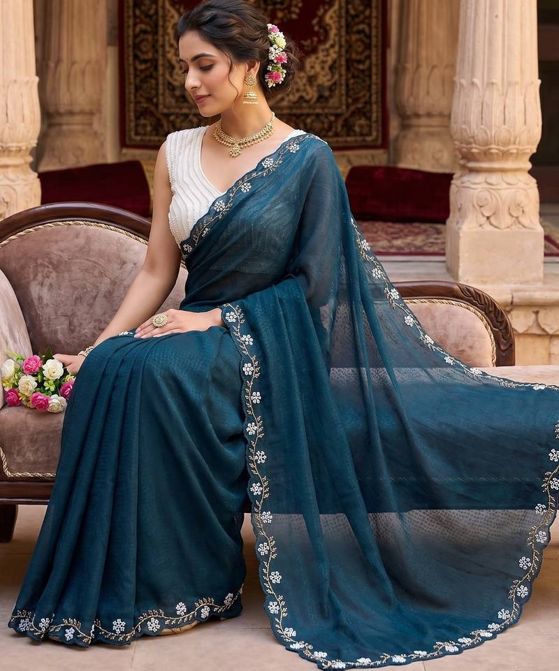 Teal Color Beads And White Pearl Work Silk Blend Saree