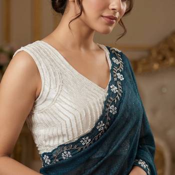 Teal Color Beads And White Pearl Work Silk Blend Saree 2