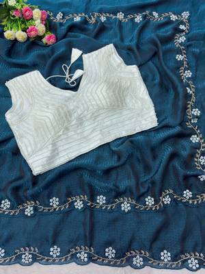 Teal Color Beads And White Pearl Work Silk Blend Saree 3