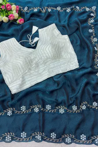 Teal Color Beads And White Pearl Work Silk Blend Saree