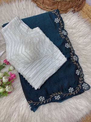 Teal Color Beads And White Pearl Work Silk Blend Saree 4