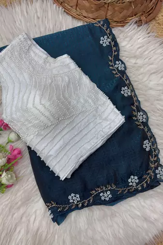 Teal Color Beads And White Pearl Work Silk Blend Saree