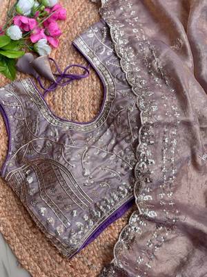 Lavender Color  embroidery  sequence work satin  silk saree 2