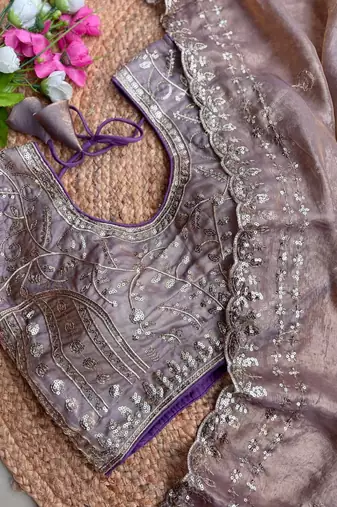 Lavender Color  embroidery  sequence work satin  silk saree