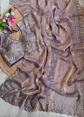 Lavender Color  embroidery  sequence work satin  silk saree 3