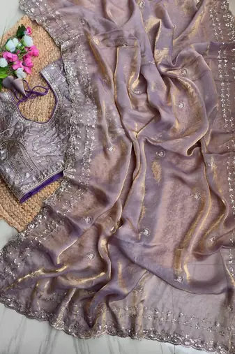 Lavender Color  embroidery  sequence work satin  silk saree