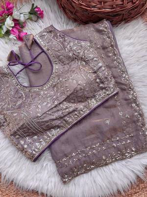 Lavender Color  embroidery  sequence work satin  silk saree 4