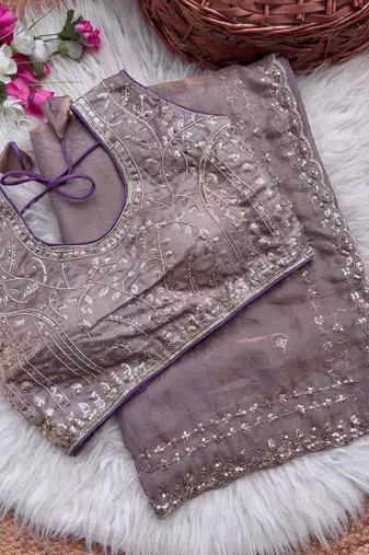 Lavender Color  embroidery  sequence work satin  silk saree