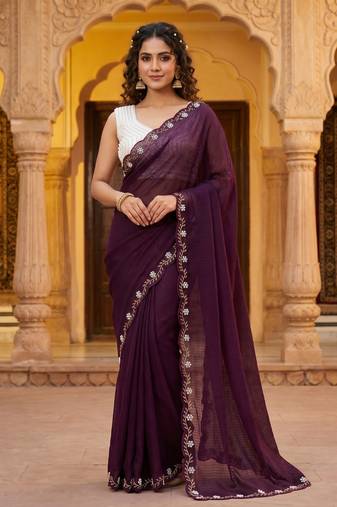 Wine Color Beads And White Pearl Work Silk Blend Saree