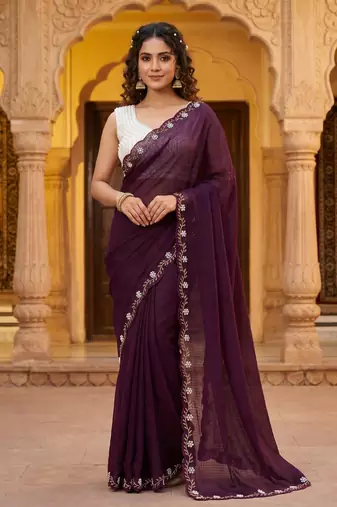 Wine Color Beads And White Pearl Work Silk Blend Saree
