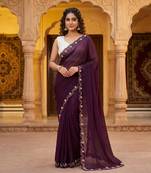Wine Color Beads And White Pearl Work Silk Blend Saree