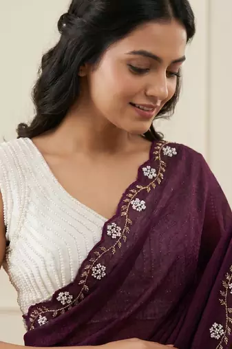Wine Color Beads And White Pearl Work Silk Blend Saree