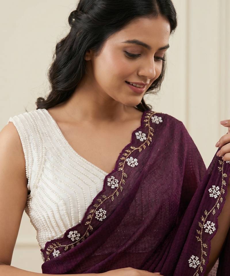 Wine Color Beads And White Pearl Work Silk Blend Saree