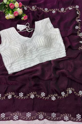 Wine Color Beads And White Pearl Work Silk Blend Saree