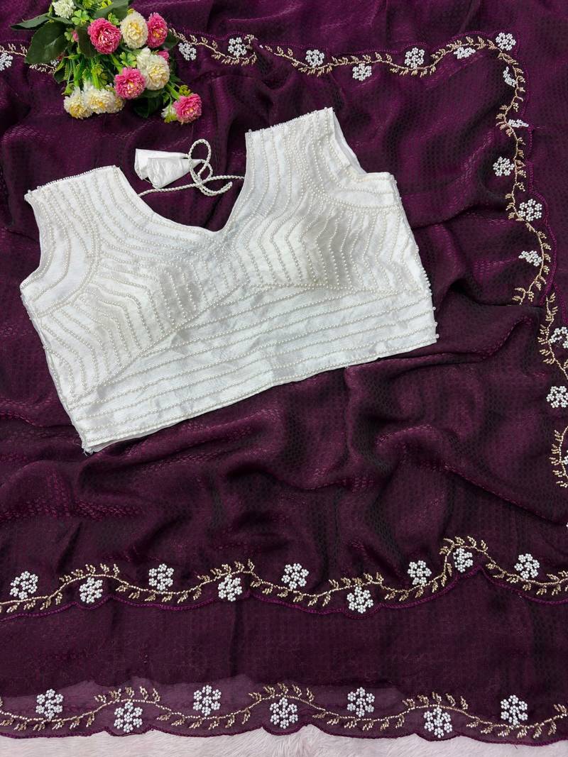 Wine Color Beads And White Pearl Work Silk Blend Saree