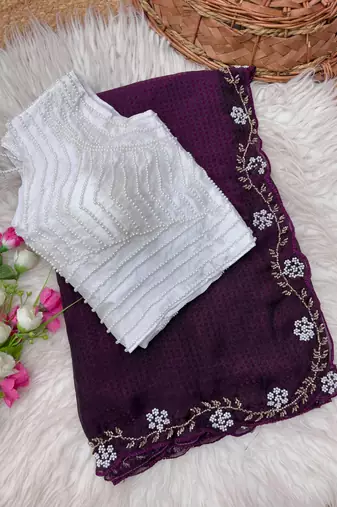 Wine Color Beads And White Pearl Work Silk Blend Saree