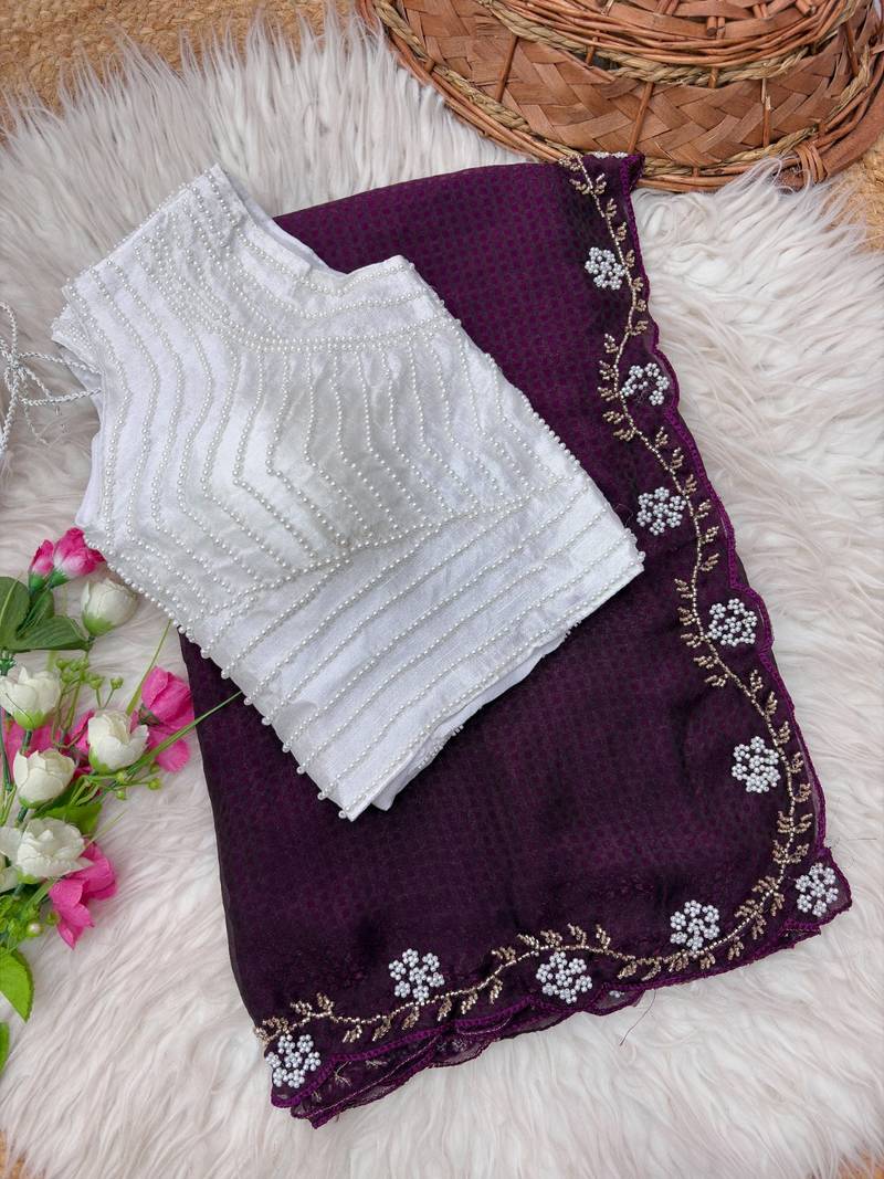 Wine Color Beads And White Pearl Work Silk Blend Saree