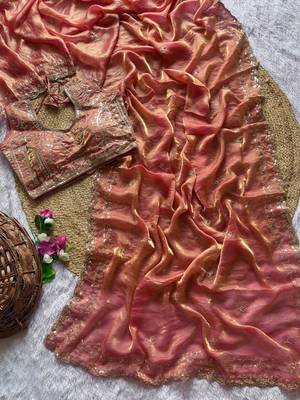 Orange Color  embroidery  sequence work satin  silk saree 1