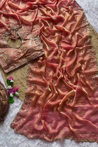 Orange Color  embroidery  sequence work satin  silk saree