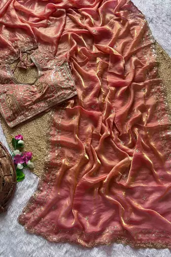 Orange Color  embroidery  sequence work satin  silk saree