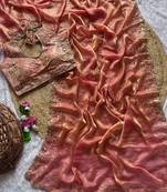 Orange Color  embroidery  sequence work satin  silk saree