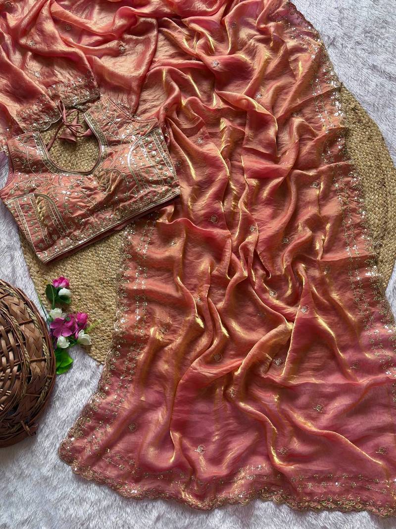 Orange Color  embroidery  sequence work satin  silk saree