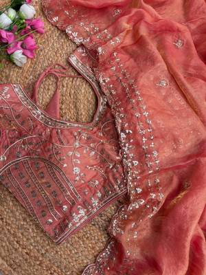 Orange Color  embroidery  sequence work satin  silk saree 2