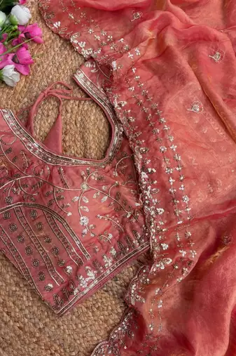 Orange Color  embroidery  sequence work satin  silk saree