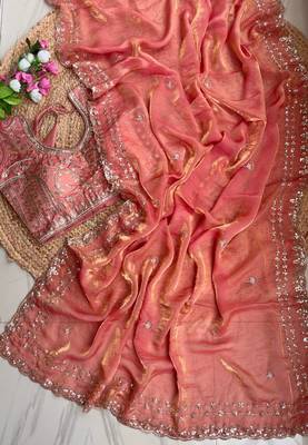 Orange Color  embroidery  sequence work satin  silk saree 3