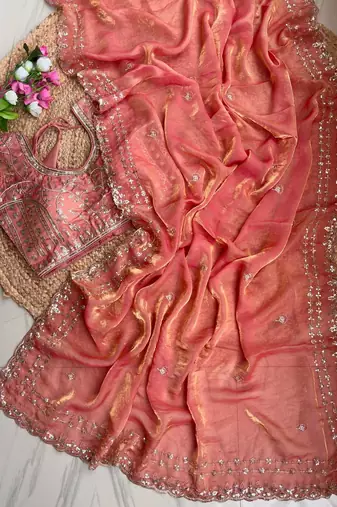 Orange Color  embroidery  sequence work satin  silk saree