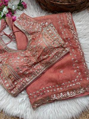 Orange Color  embroidery  sequence work satin  silk saree 4