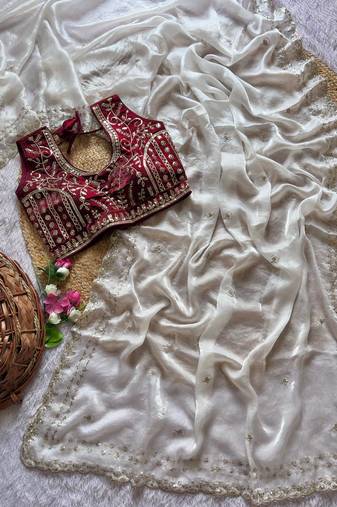 White Color  embroidery  sequence work satin  silk saree