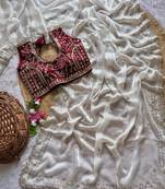 White Color  embroidery  sequence work satin  silk saree