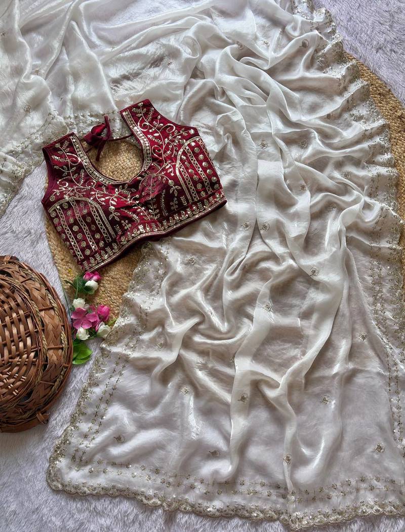 White Color  embroidery  sequence work satin  silk saree