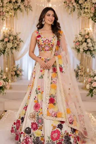 Chinon Lehenga Choli Set, Indian Bridal Wedding Outfit, Multi Sequence Work